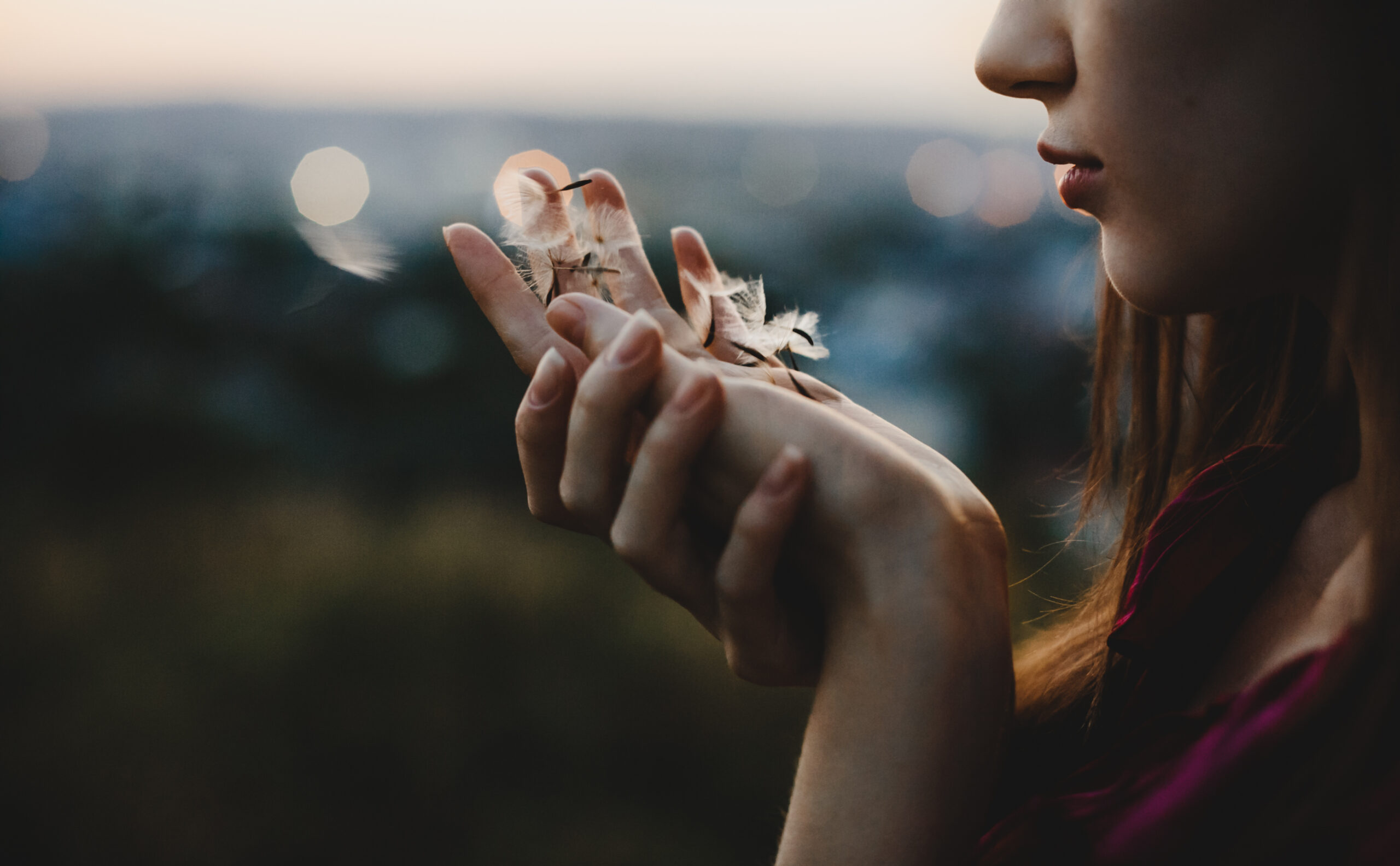 Female portrait. Nature. Pretty woman plays with dandelion standing before the sunset view